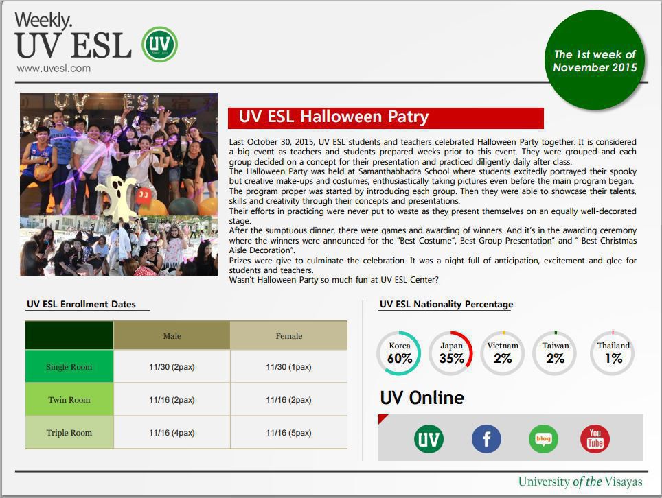 Bản tin tuần 1 Tháng 11 - Trường Anh ngữ UV ESL