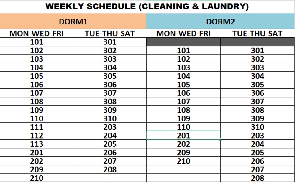 Lịch giặt đồ tại trường EG